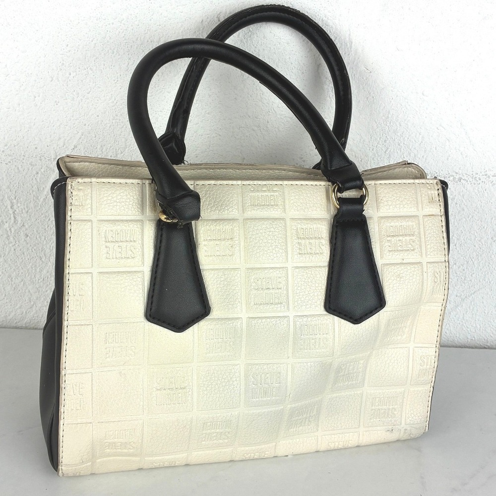 Steve Madden Cream Black Embossed Logo Satchel Bag Double Handles - Picture 5 of 12